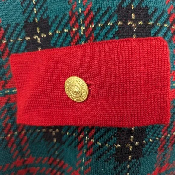 Vtg Classiques Entier Merino Wool Blend Cardigan Green Red Black Gold Button Lrg - Picture 6 of 12